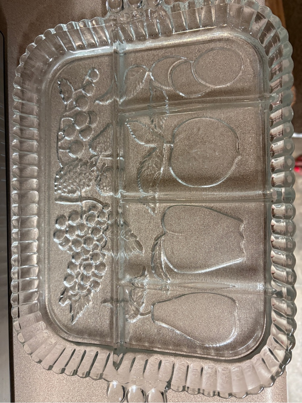 Indiana Glass Clear Divided Fruit Motif Serving Tray